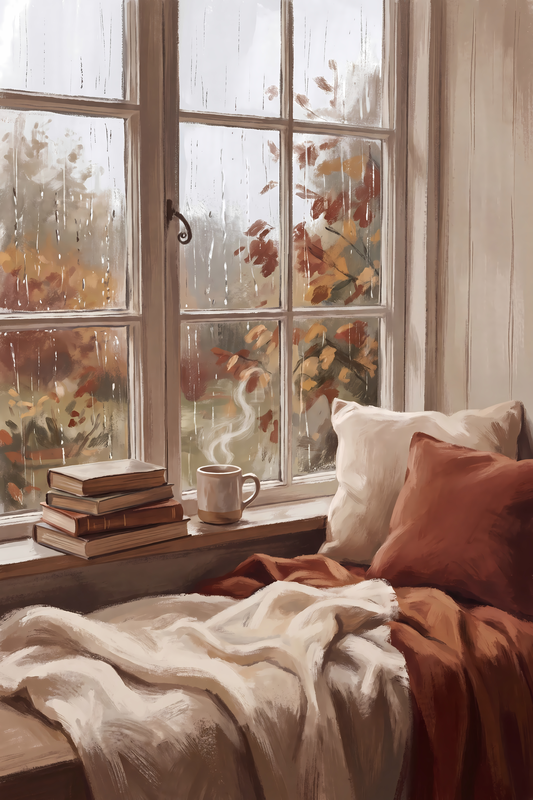 Rainy Window Reading Canvas | Cozy Rainy Day Wall Art