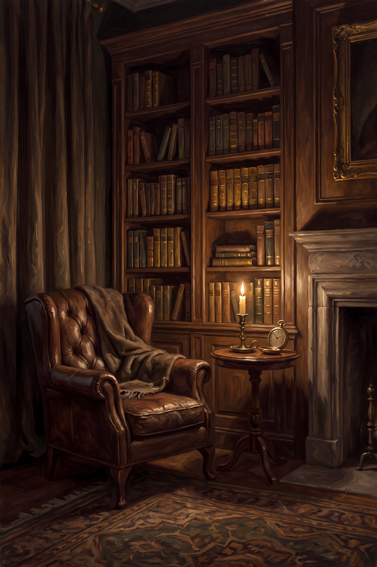 Candlelit Library Corner Canvas | Moody Bookshelf Wall Art