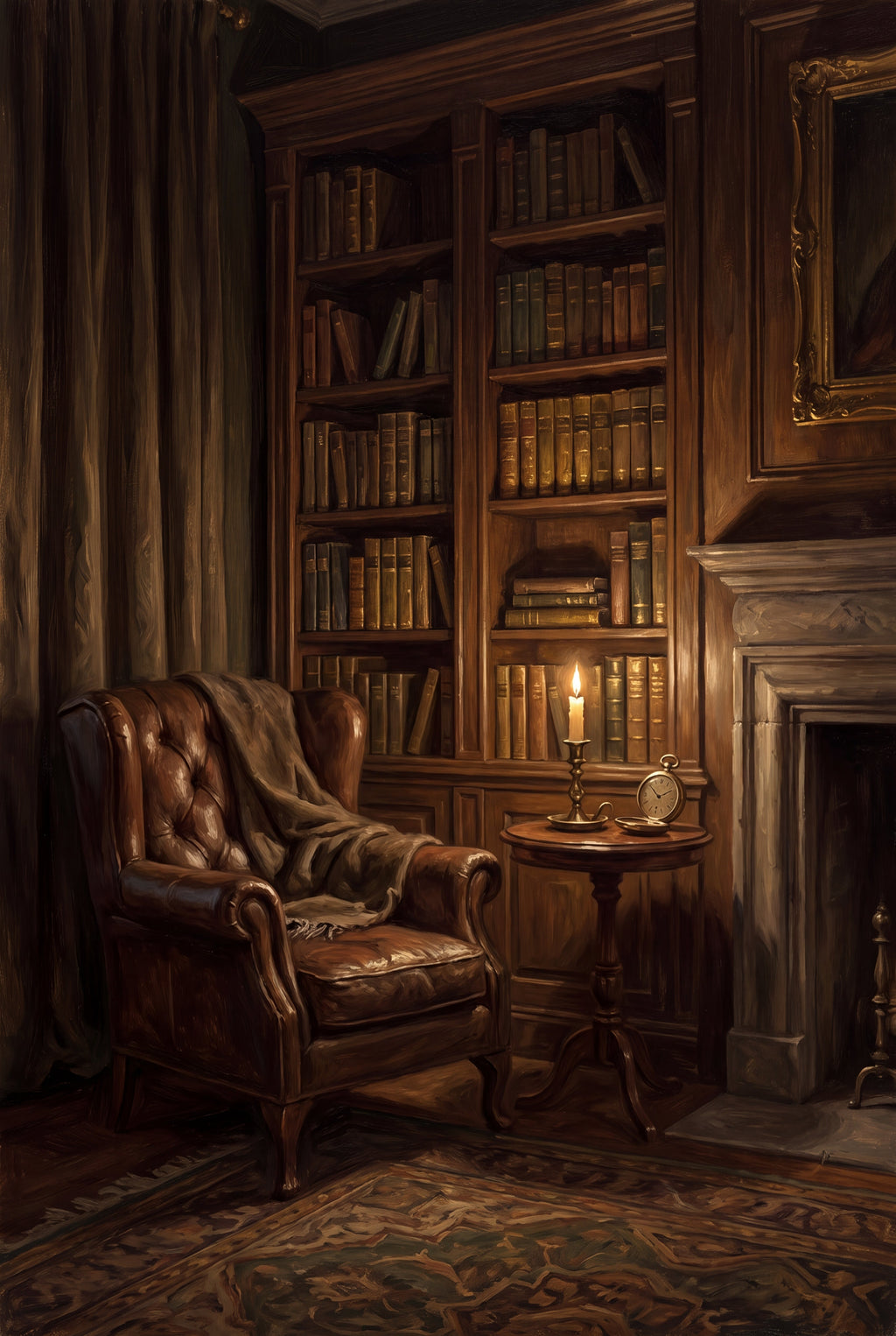 Candlelit Library Corner Art Print